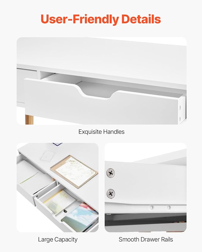 VEVOR Small Desk with Drawers Kids Desk for Bedroom Wooden Simple Study Table for Drawing Reading Writing Rectangle MDF Furniture Study Storage Table for Home Office White + Wood