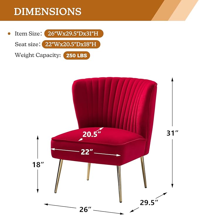 HULALA HOME Velvet Accent Chair Modern Upholstered Cute Side Chair with Gold Metal Legs Armless Wingback Slipper Chair Comfy Living Room Chair for Bedroom Guest Room Vanity RED