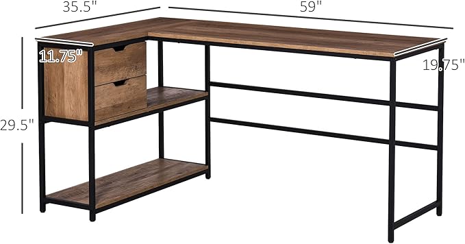 HOMCOM L-Shaped Home Offie Computer Desk with Storage Shelves 2 Dawers and Industrial Steel Frame Black/Brown