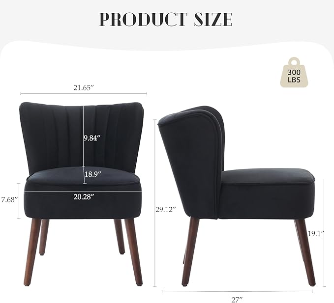 Modern Velvet Accent Chair Set of 2 Soft Upholstered Living Room Chair with Wooden Legs Comfy Armless Lounge Chair for Living Room/Makeup/Office/Bedroom Black