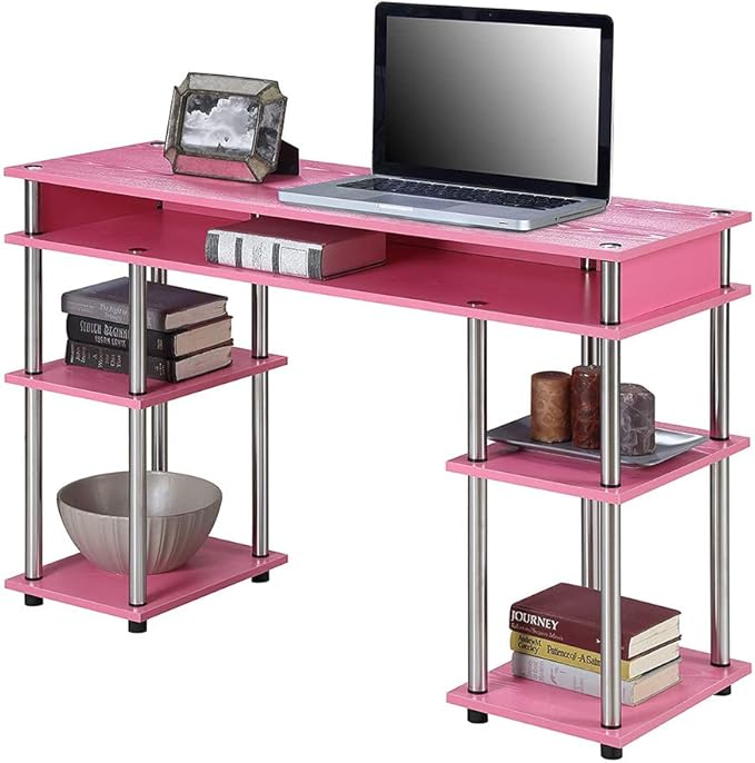 Convenience Concepts Designs2Go No Tools Student Desk 47.25 - Contemporary Office Dorm Room Desk and Vanity with Storage Shelves Pink
