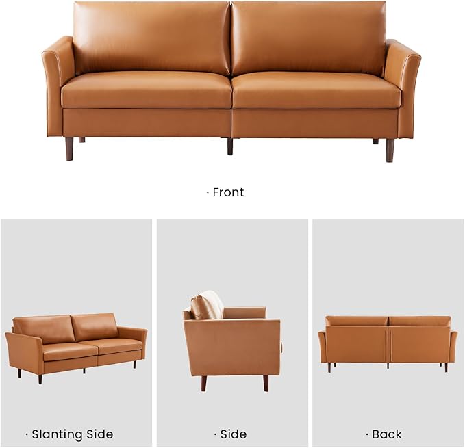 Kingfun Faux Leather 3 Seat Couch for Living Room Mid Century Modern Sofa with Rolled Arms and Deep Seats Fluffy Comfort for Apartment Easy to Assemble Mid Brown