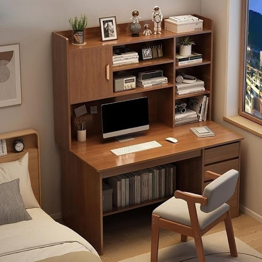 LITFAD Modern Computer Desk Work from Home Desk with Hutch Bookcase and Integrated Cable Management Rectangular Wood Office Desk 3 Drawers 39.4 L x 17.7 W x 64.2 H Dark Walnut
