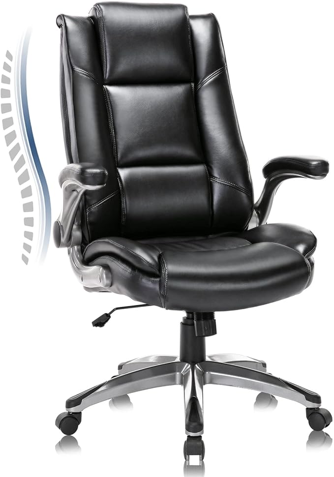 COLAMY Leather Executive Office Chair - High Back Home Computer Desk Chair with Padded Flip-up Arms Adjustable Tilt Lock Swivel Rolling Ergonomic Chair for Adult Working Study Black