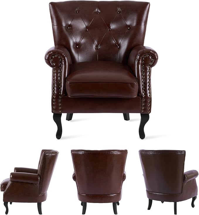 MOJAY PU Leather Accent Chair Set of 2 Mid-Century Modern Armchair Living Room Club Chair with Tufted Button &amp Rivet Trim Upholstered Sofa Chair with Sturdy Wood Legs for Bedroom (Reddish Brown)