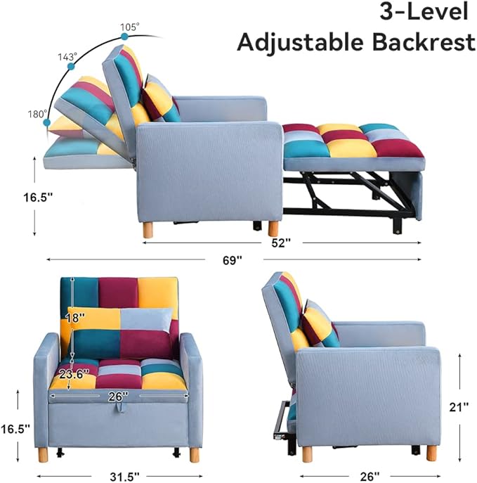 Sleeper Chair BedConvertible Single Sofa with PillowPull Out Sleeper Bed with Adjustable BackrestMulti-Functiona Lounge Chair for Living Room(Mix Color)