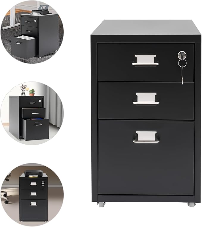 File Cabinet 3-Drawer Vertical Filing Cabinet Steel Mobile File Cabinet with Lock Under Desk Storage Cabinet with Wheels Filing Cabinet Under Desk for Office Study (Black)