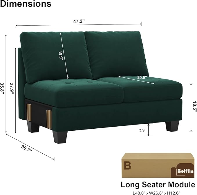 Belffin Velvet Long 2-Seat Module for Modular Sofa Sectional Couch Accent Armless 2 Seater Sofa Couch Chair Modern Fabric Green