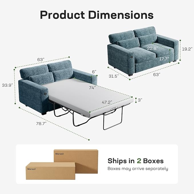 Marsail Pull Out Sofa Bed Queen Size Sleeper Sofa with Memory Foam Mattress 2 USB Charging and Removable Covers Loveseat for Living Room Apartment Supports 600 LBS Chenille Fabric Blue