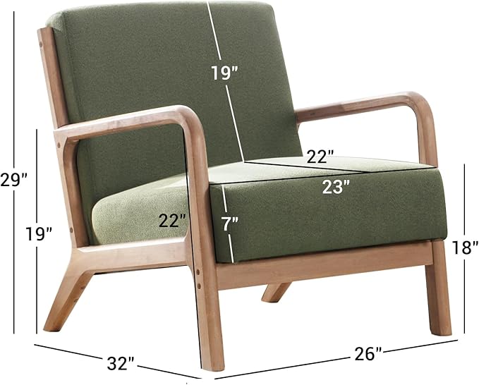 ANJ Mid Century Modern Accent Chair Comfy Fabric Reading Chair with Solid Wood Frame Easy Assembly Armchair for Living Room Blackish Green