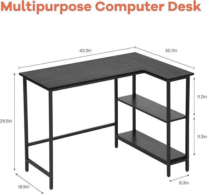BLKMTY L-Shaped Computer Desk with Storage Shelves 43 Home Office Corner Desk for Small Spaces Reversible Study Writing Table Workstation Black