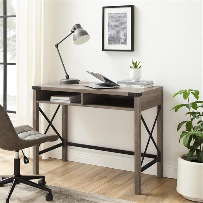 UrbanPro 42 Farmhouse Metal and Wood Desk Gray Wash Finish 31 H x 42 W x 20 D Rustic Writing Desk with Storage Cubbies Cord Management Industrial Style Home Office Furniture