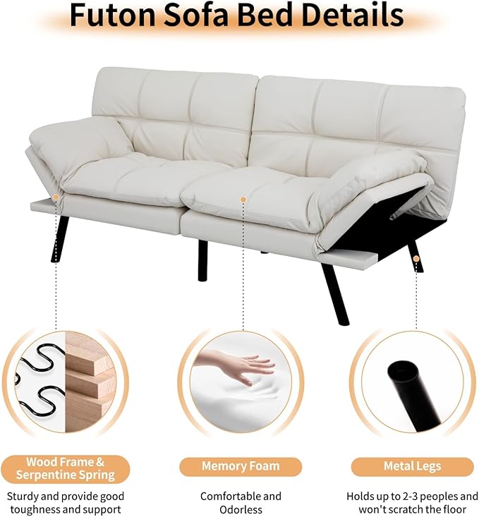 MUUEGM 71 Convertible Futon Sofa Bed Adjustable Backrest &amp Armrest Couch Comfortable Sleeper Loveseat with Faux Leather Ideal for Small Space Living Room Apartment Office White