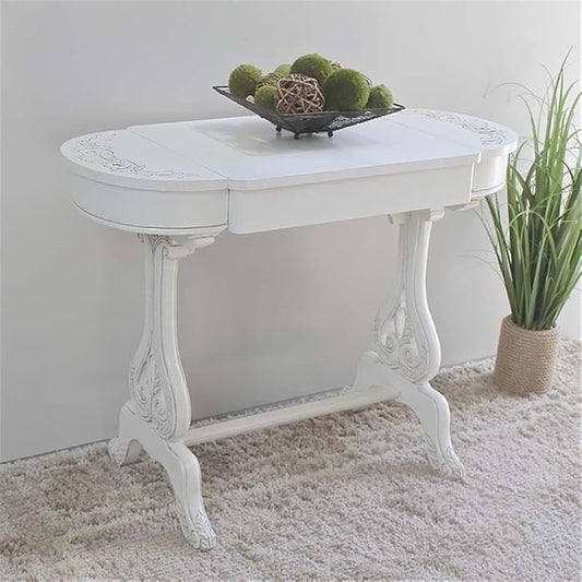 Pemberly Row Contemporary Carved Writing Desk 40 in Wide Hardwood Distressed Antique White Finish 3 Drawers Vintage Style Home Office Desk for Living Room Bedroom or Entryway Use
