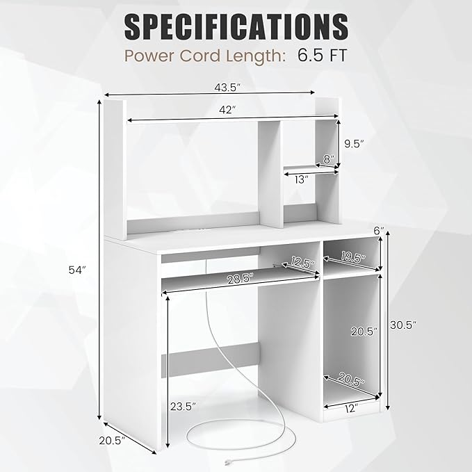 COSTWAY White Modern Large Computer Desk with Storage Shelf Office Desk with Hutch CPU Stand &amp Keyboard Tray Home PC Desk with Bookshelf for Bedroom Study Living Room