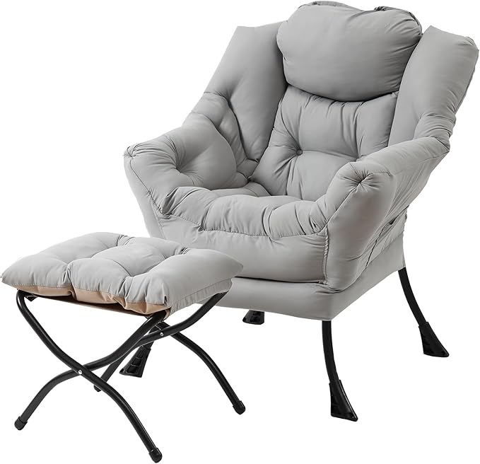 Lazy Chair with Folding Ottoman Modern Accent Lounge Armchair with Armrests and a Side Pocket &amp Foldable Footstool Leisure Reading Chair for Living Room Bedroom Dorm &amp Office Light Grey