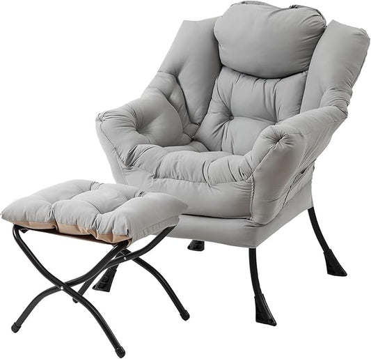 Lazy Chair with Folding Ottoman Modern Accent Lounge Armchair with Armrests and a Side Pocket &amp Foldable Footstool Leisure Reading Chair for Living Room Bedroom Dorm &amp Office Light Grey