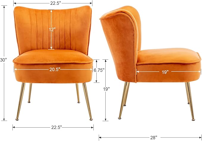 CIMOTA Velvet Accent Chairs Set of 2 Modern Armless Slipper Wingback Single Sofa Side Comfy Corner Chair with Golden Legs for Living Room Bedroom Orange