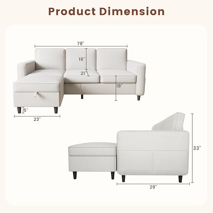 Sectional Sofa Couches for Living Room - L Shaped Cloud Couch-Comfy L Shape Modular Sofawith Storage Chaise-Washable Covers-Suitable for Living RoomsApartmentsRooms and Offices-Beige