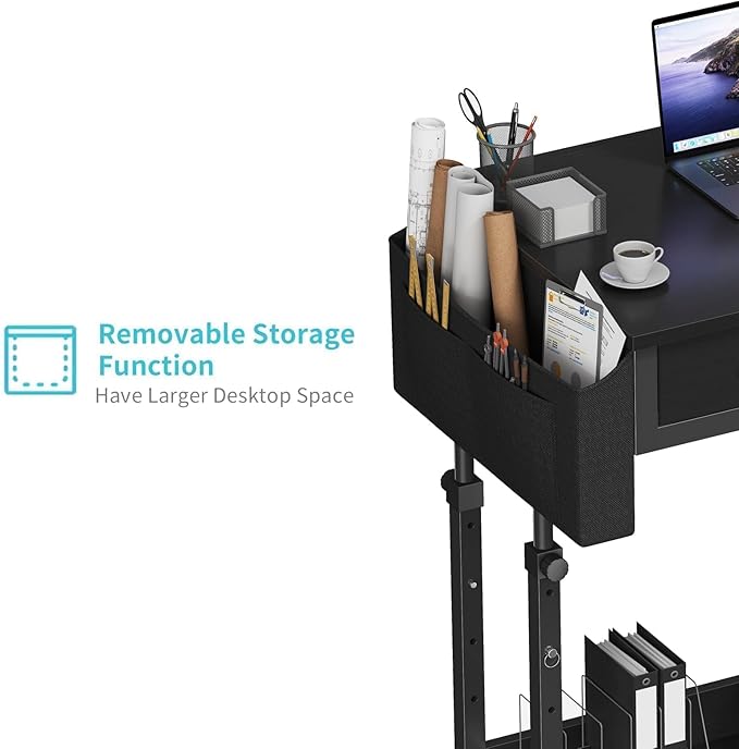 Small Portable Rolling Standing Desk - 32 Inch Adjustable Mobile Stand Up Gaming Desks with 2 Fabric Drawers on Wheels Couch Sofa Side Laptop Table with Storage for Home Office Black