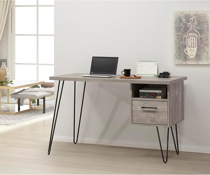 Grey Oak Writing Desk with Storage Home Office Compact Desk Modern Minimalist Gray Wash Wooden and Metal Frame