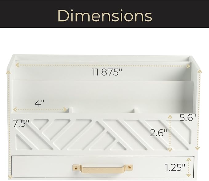 BLU MONACO | White Wooden Mail Organizer with Drawer &amp Gold Handle | Mail Sorter Organizer Countertop | Tabletop Organizer with Drawers &amp Outgoing Mail Holder