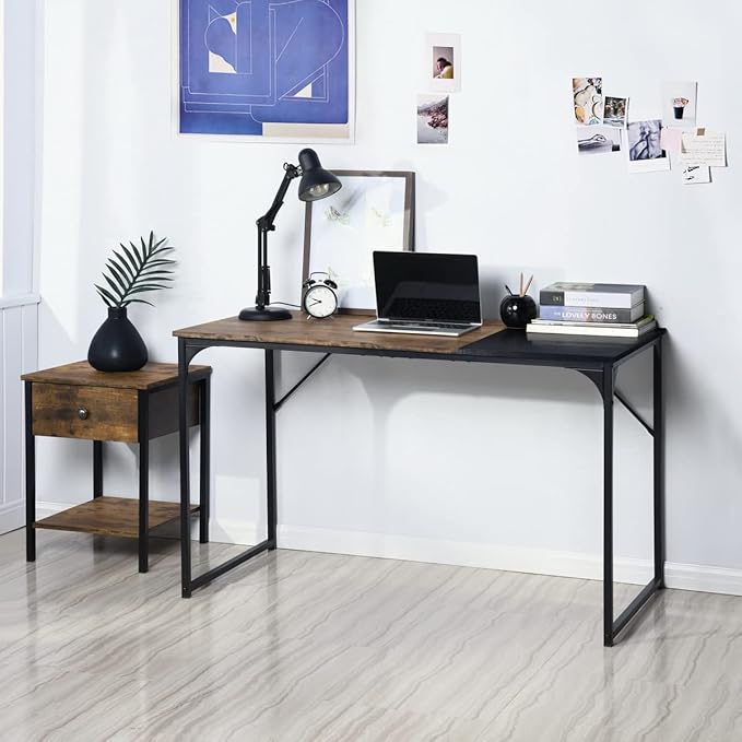 FurnitureR 47.2IN Vintage Computer Desk Modern Simple PC Laptop Table with Wood Top Metal Frame for Home Office Study Room Living Room Brown and Black