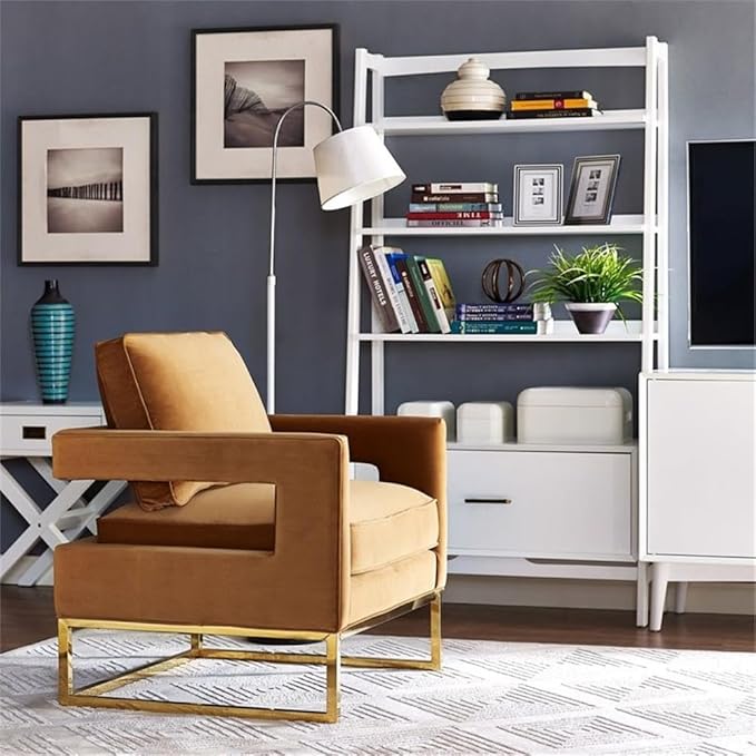 TOV Furniture The Avery Collection Modern Style Living Room Den Leather Upholstered Armchair with Gold Legs Cognac