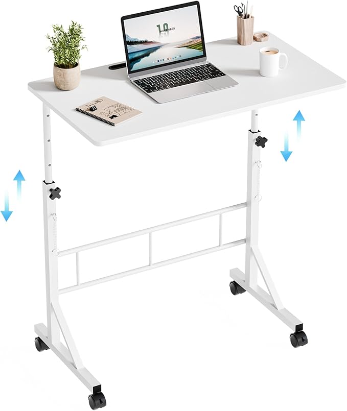 DUMOS 31.5 Adjustable Height Mobile Desk with Locking Wheels &amp Pin-Lock Portable Workstation for Walking Pad &amp Active Home Office White