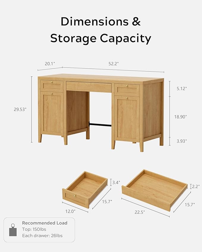 52 Large Executive Desk with Drawers Farmhouse Wooden Home Office Desk with Storage Cabinet Modern Computer Writing Desk for Work Study Workspace Natural Oak