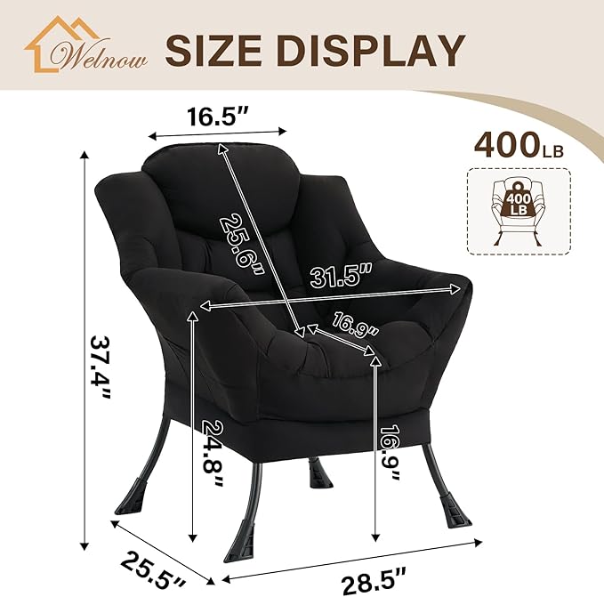 Welnow Lazy Chair for Living Room Modern Reading Accent Chair with Armrests and a Side Pocket Leisure Upholstered Lazy Sofa for Small Space Bedroom Dorm Black