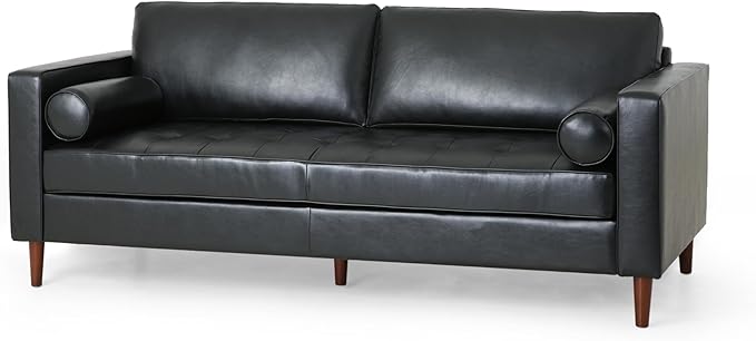 Merax Upholstered PU Sofa Classic 3 Seater Leather Couch with Wooden Legs for Living Room Bedroom Officee Black
