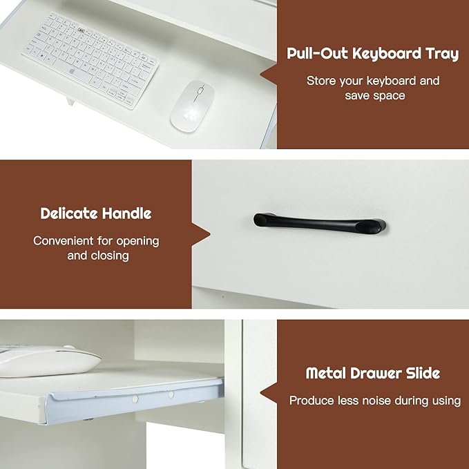 Computer Desk with Hutch &amp Keyboard Tray Home Office Workstation with Drawer Adjustable Shelves Modern Vanity Table for Bedroom Wooden Writing Study Laptop PC Desk (White)