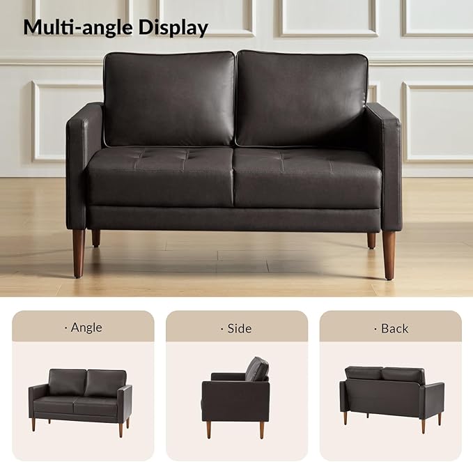 HULALA HOME Mid-Century Modern Faux Leather Loveseat Sofa with Movable Backrest Cushions Button-Tufted 2-Seater Sofa with Wooden Legs Small Love Seat Accent Couch for Living Bedroom Brown