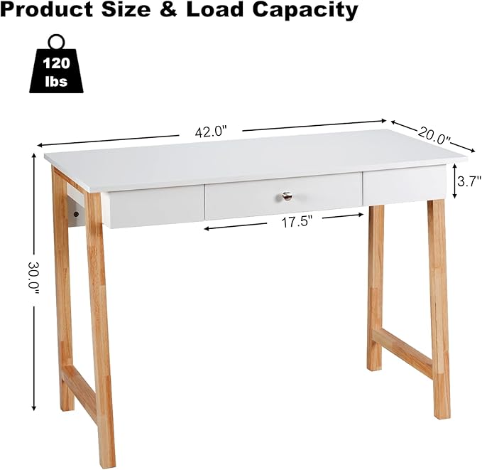 COSTWAY 42 Computer Desk with Storage Drawer Modern Home Office Writing Study Table with Solid Rubber Wood Legs &amp Non-Slip Foot Pads Multifunctional Makeup Vanity Dressing Table (Wood and White