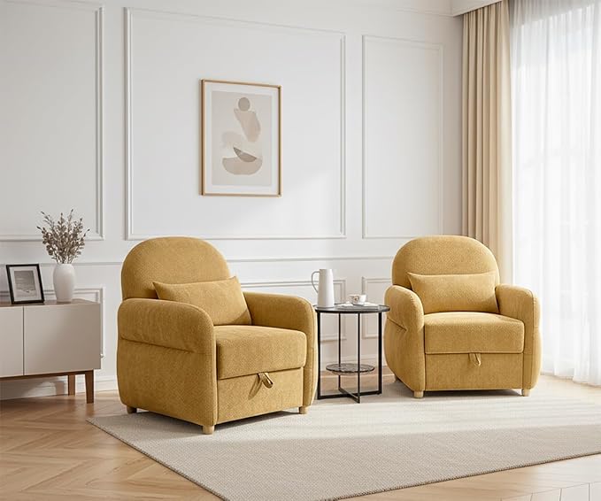 Accent Chair for Living Room 33.5 W Comfy Chenille Armchairs with Storage and Pillow Single Reading Chairs for Bedroom Study Room Apartment Tool Free Assembly Mustard Yellow
