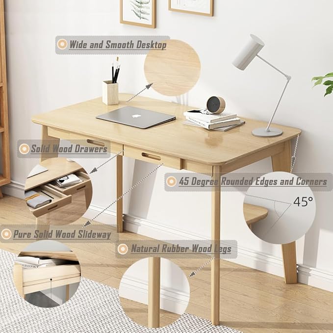IOTXY Solid Wood Writing Desk - Home Office Workbench Desk with Drawer Laptop Computer Work Study Table