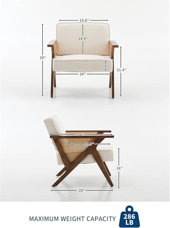 Linen Upholstered Accent Chair Mid Century Modern Vintage Rattan Vanity Chair with Wood Armrest and Legs for Living Room BedroomBeige