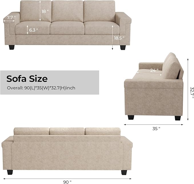 3 Seater Sofa Couch with Deep Seat 90 Modern Upholstered Sofa with Armrests Easy Installation Comfy Couches for Living Room Apartment Beige