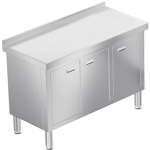 WWK 47 x 21 Stainless Steel Prep Table with Cabinet Commercial Kitchen Table for Prep &amp Work Heavy Duty Work Table with 3 Doors for Kitchen Restaurant Hotel Garage and Cafe