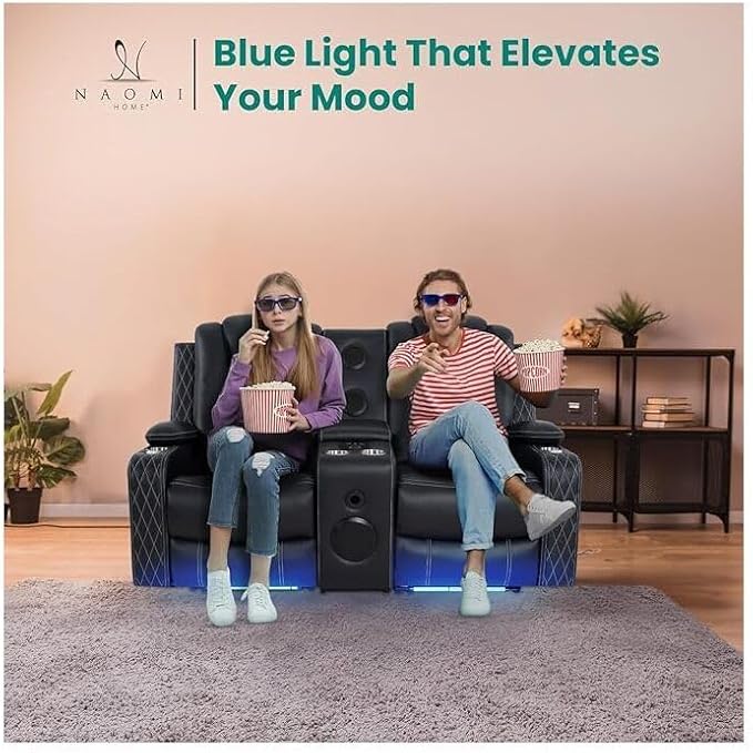 Chicago Home Theater Recliner Chair – Bluetooth Speakers Wireless Charging Power Recline Adjustable Headrest LED Lighting Cup Holders &amp Premium Faux Leather for Ultimate Comfort