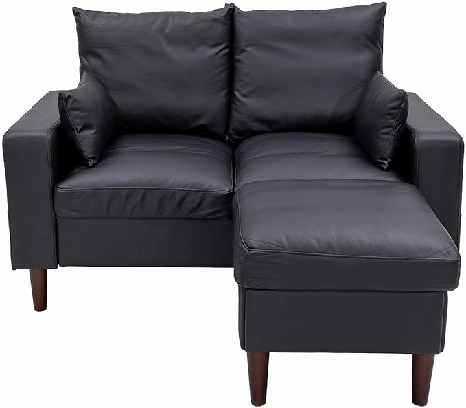 Panana Sectional Sofa Couch Loveseat Modern Linen Love Seater Home Furniture with Reversible Footstool for Small Space Living Room (Black Leather-Like Fabric Treack Arm - Loveseat with Ottoman)