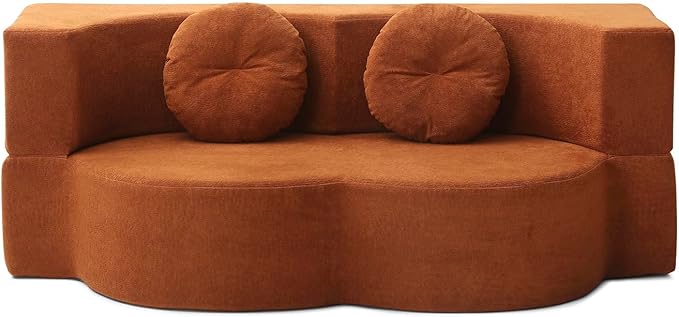 King Size Sofa Bed 76 Inch Convertible Futon Boneless Couch 2-in-1 Loveseat Sleeper Sofa with 2 Pillow Modern Velvet Fabric Floor Couch Bed for Living Room No Assembly Required (Orange)