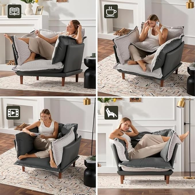 Leather Oversized Armchair Modern Accent Chair Single Sofa Lounge Chair Leather and Fabric Two-Faced Material 43.5 Wide 21.3 Seat Deepth for Living Room Bedroom (Blue Grey)