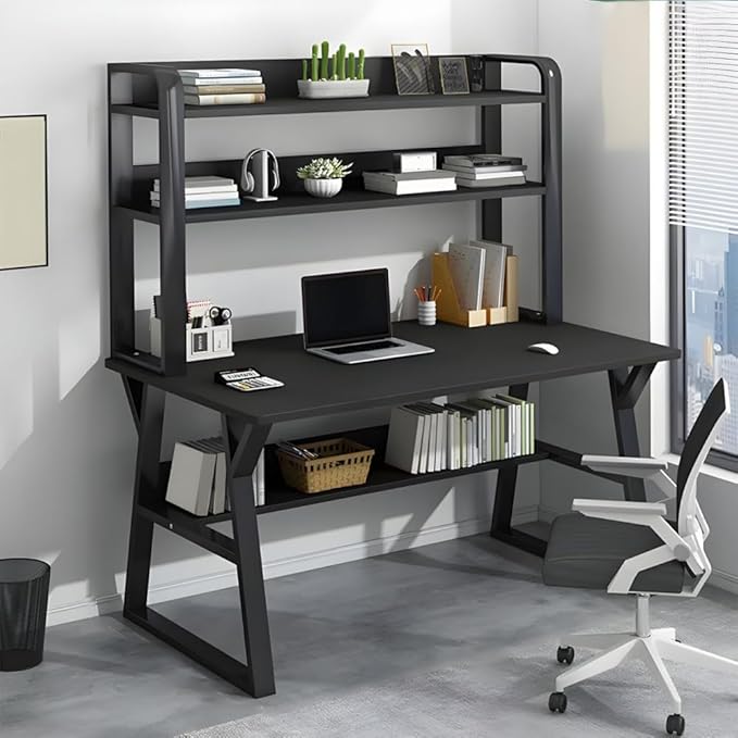 LITFAD Modern Computer Desk Home Office Desk with Storage Shelves Study Table with Bookcase for Study Room and Office Without ChairsBlack-55 L x 23.5 W x 58 H