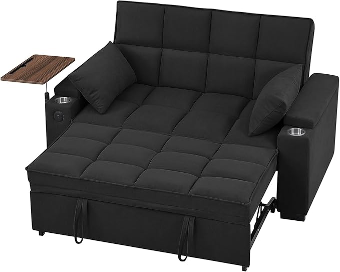 Eafurn Convertible Sleeper Sofa Bed with 360° Swivel Table &amp USB Ports Tufted Chenille Loveseat Pull-Out Couch with Storage Armrest &amp Cup Holders 6-Level Adjustable Backrest
