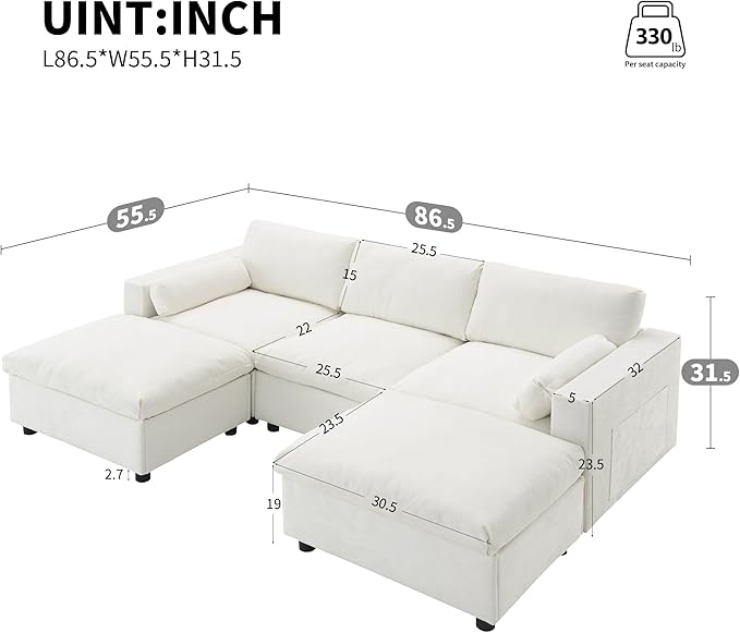 kevinplus 86.5'' Sectional Sofa Couch with Ottoman for Living Room Modern Contemporary 3-Seat Sectional Sofa Couch for Apartment Chenille Fabric Beige