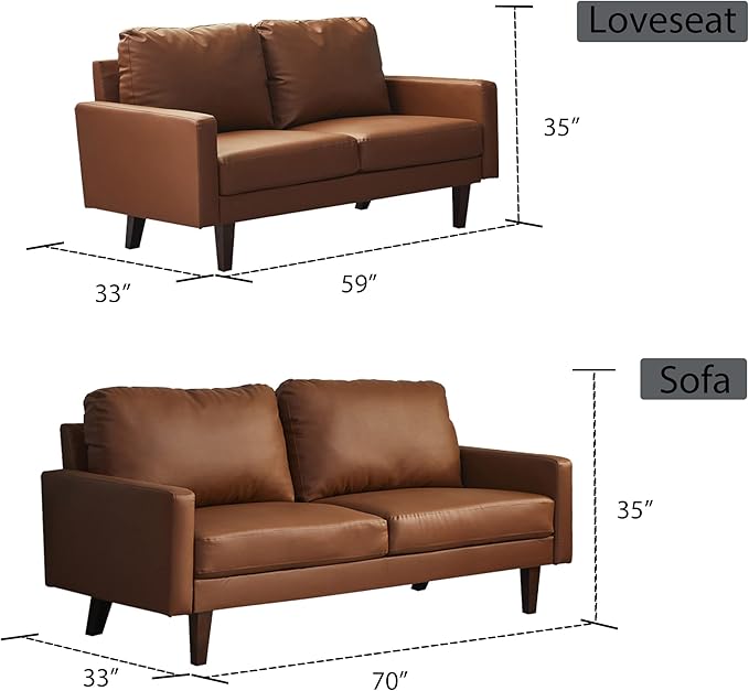 INSTORY Leather Loveseat Comfy Sofa Modern Couch with Wooden Legs for Living Room Office - Brown