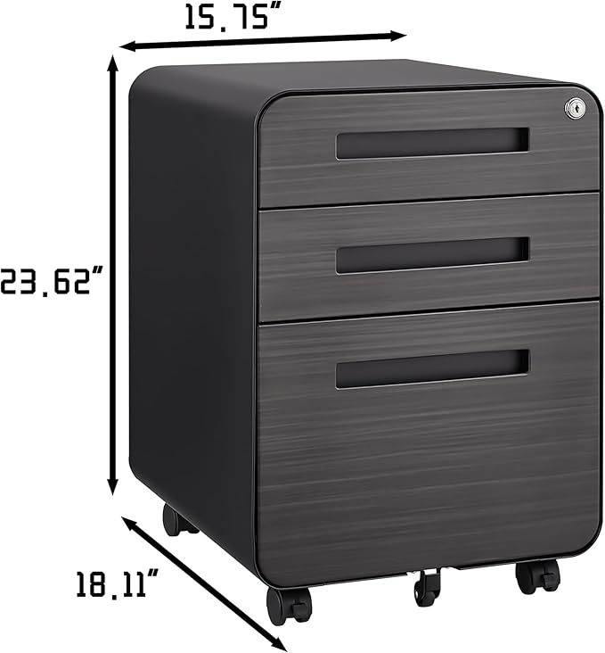 Office Pedestal File Cabinet: Lockable Compact Storage Solution for Home Office - Under Desk Cabinet with Removable Pencil Tray Hanging Bar and 5 Utility Wheels (Black+Brown)