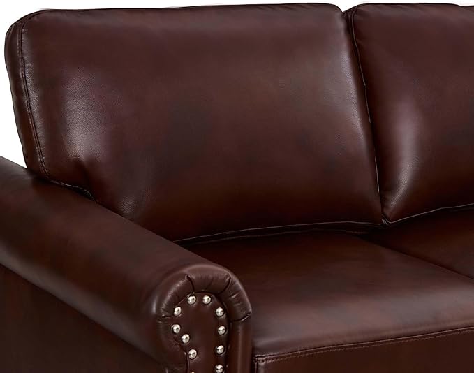 Antetek Comfy Upholstered PU Leather Sofa 82.6-inch Mid-Century Modern Loveseat Sofas with Storage Space &amp Solid Bun Feet 3-Seater Couches for Living Room Small Space Bedroom Brown